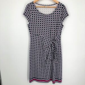 Talbots‎ Womens Dress Size Medium Navy Blue Pink Geometric Short Sleeve Stretchy